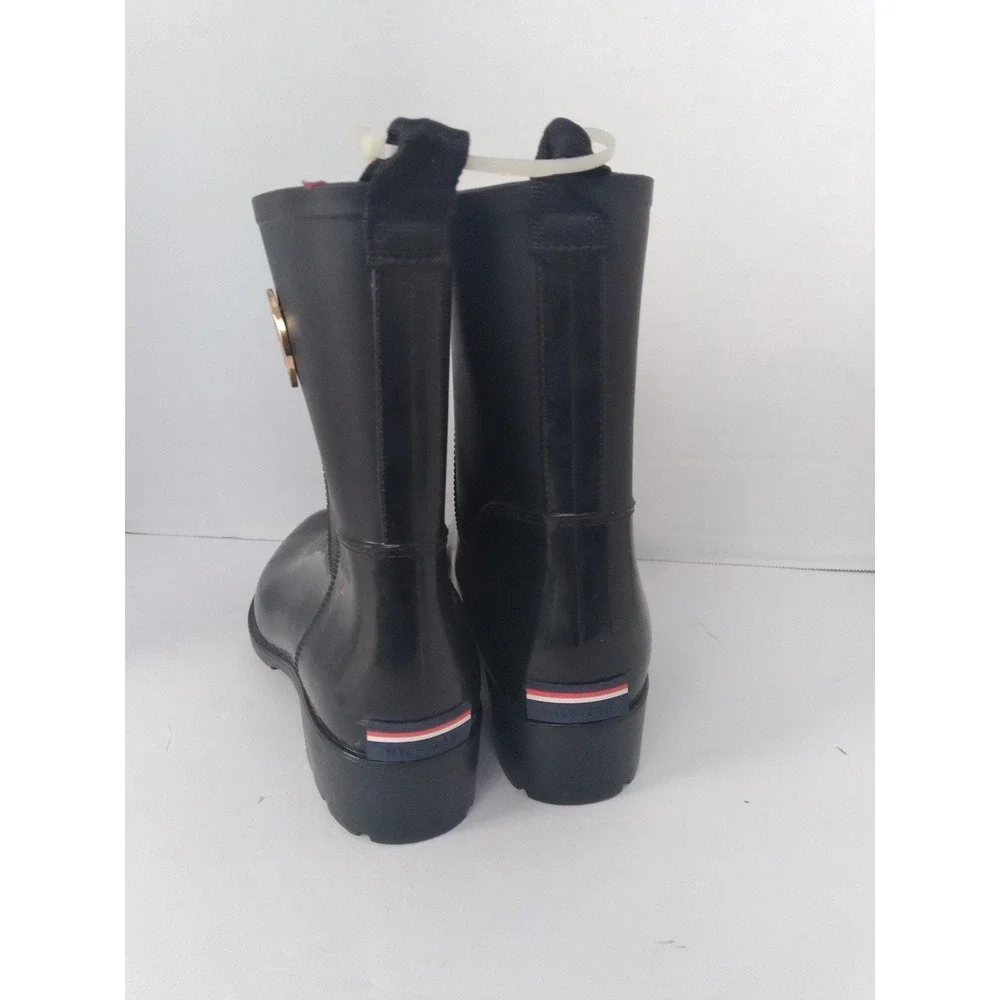 Tommy Hilfiger Womens Black Rubber Rain Boots Gold Logo Mid Calf Block Heel‎
